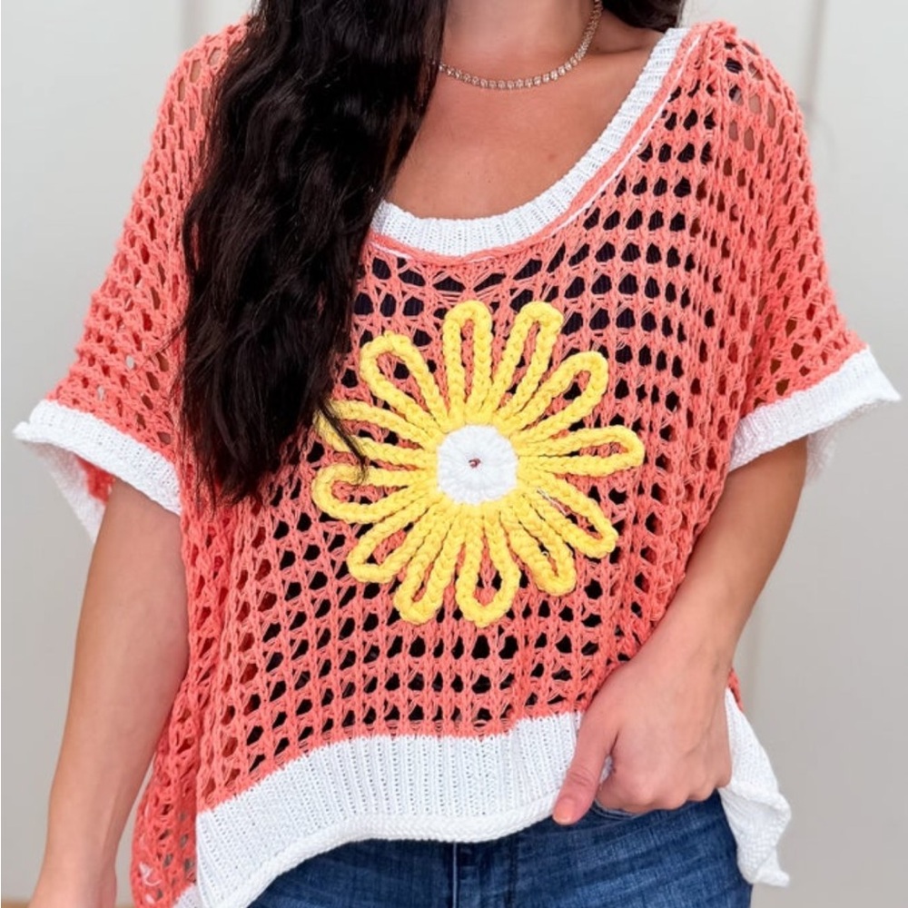 Crochet Knit Top with Floral Design NWOT